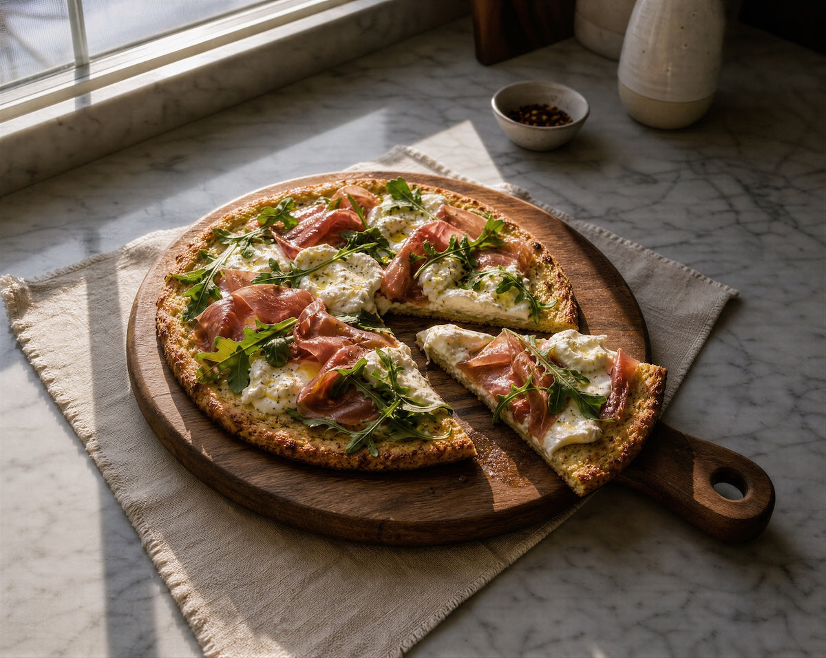 Cauliflower Crust Pizza with Burrata & Prosciutto