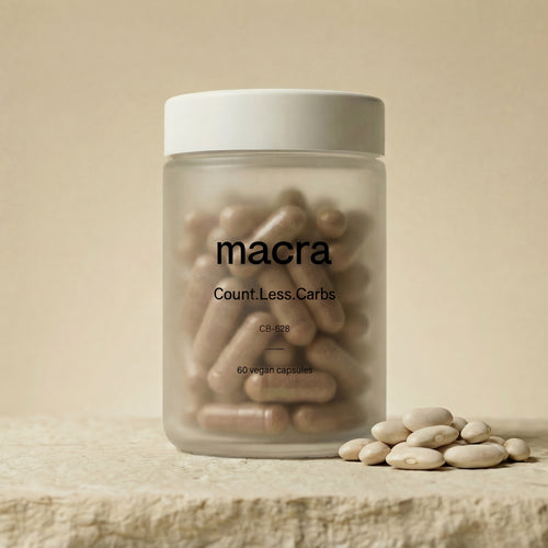 Jar of macra capsules on a beige background